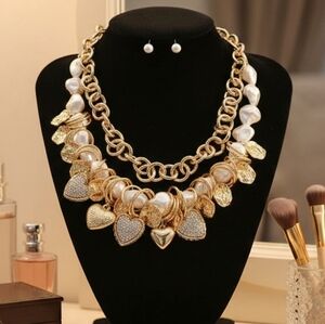 Chunky Heart Charm Embellished Pearl Beaded Layered Necklace